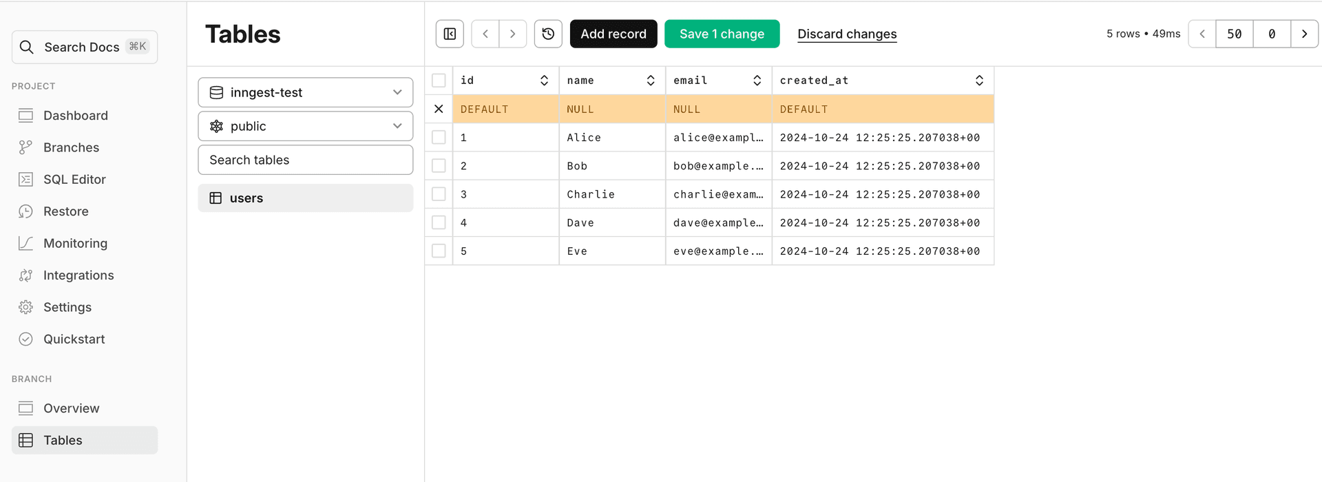 You can add a new record to the users table directly from the Neon console