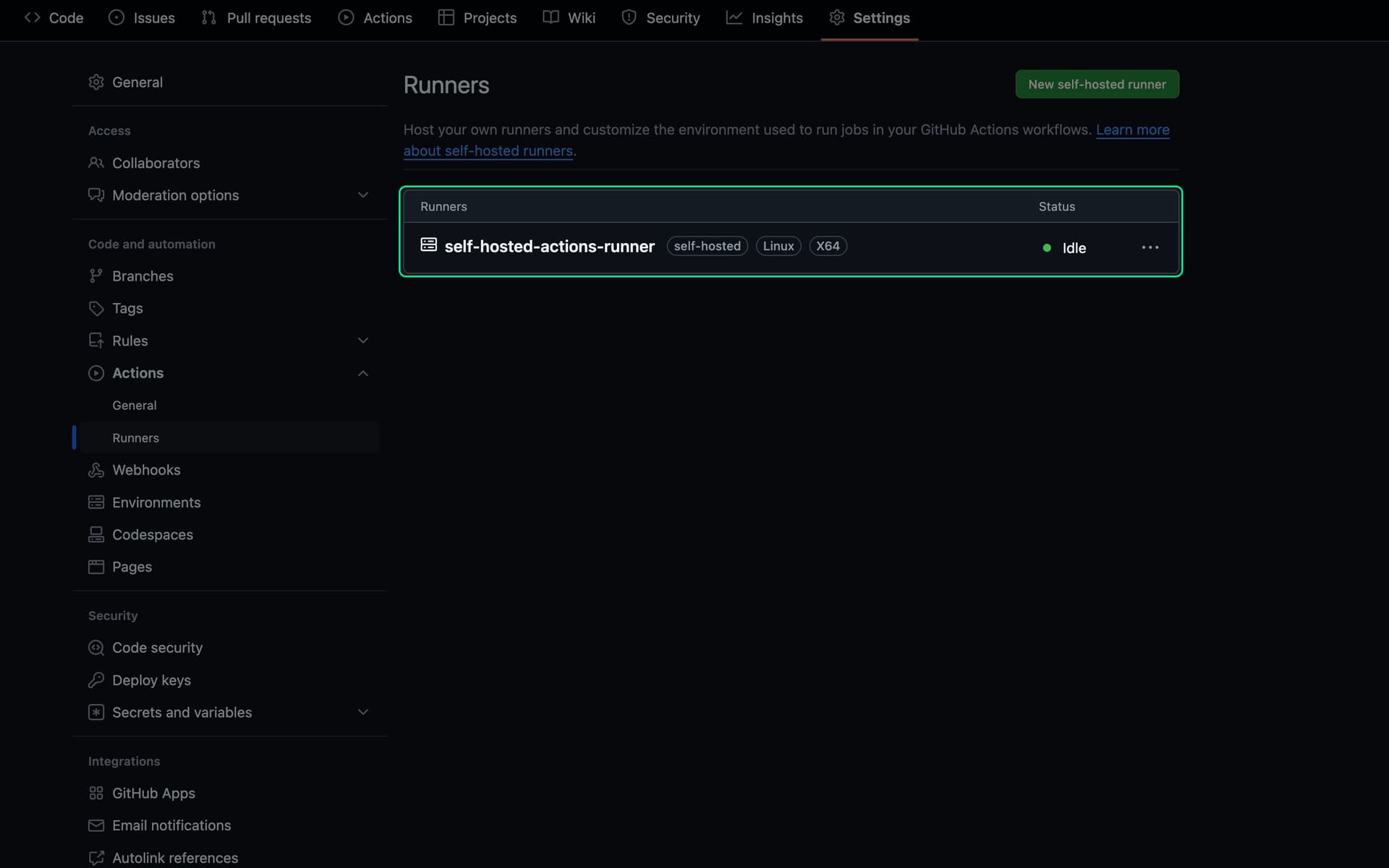 Screenshot of GitHub - Runner Idle